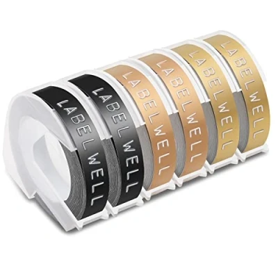 Immagine di 6x Labelwell 9mm x 3m Sostituzione Nastro per Etichette Compatibile Dymo 3D Autoadesive a Rilievo in Vinile Organizer Xpress Junior S0717900 Omega S0717930, Nero/Oro/Oro Champagne