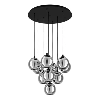 Immagine di Eglo lampada a sospensione Ariscani, luce grappolo con 10 luci per sala da pranzo, metallo in nero e vetro fumo trasparente, attacco E27, Ø 65,5 cm