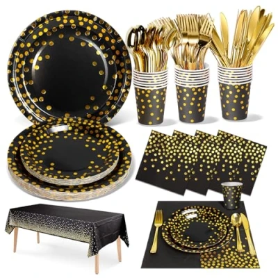 Immagine di Nkaiso Stoviglie per Feste Oro Nero 141 Pezzi Carta Set Include Piatti di Tovaglioli Tazze stoviglie, Nuziale Doccia, Fidanzamento, Matrimonio, Compleanno(20 Ospiti)