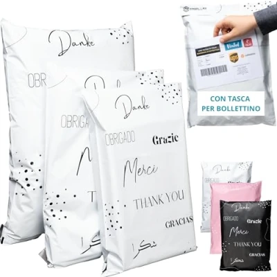 Immagine di 60 Buste per Spedizioni Vinted con bollettino di consegna 3 Taglia M/L/XL NON TRASPARENTI/ULTRA RESISTENTI Sacchetti Spedizione in Plastica Pochette Postali Grazie