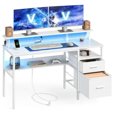Immagine di VASAGLE Scrivania per Computer con Cassetti in Tessuto, Supporto Monitor, Luci a LED e Prese di Corrente, 55 x 135 90 cm, 2 Porte USB A, Bianco Acero LWD094W01