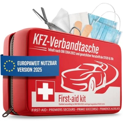 Immagine di HELDENWERK Kit Pronto Soccorso Auto 2023 Conforme all&#039;UE I Cassetta Certificato DIN 13164 Medico Primo a StVO