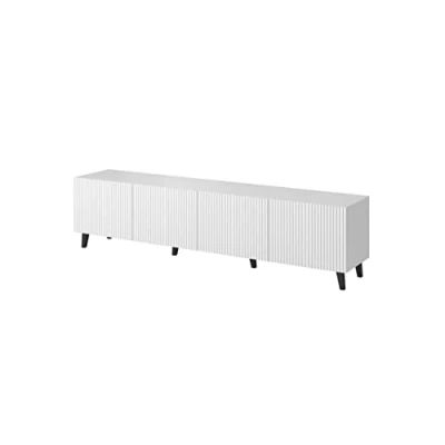 Immagine di BIM Furniture PAFOS Mobile TV da 200 cm, con frontale fresato, in MDF di alta qualità, per TV, gambe scandinave (bianco)