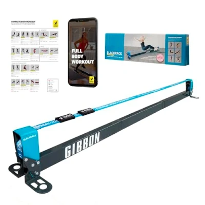 Immagine di Gibbon Slacklines, Slackrack Fitness Edition, grigio blu, lunghezza 2 o 3 metri, con maniglie, banda elastica e poster 16 diversi esercizi, larghezza della fettuccia: 2&quot;/5 cm, altezza: 30 cm