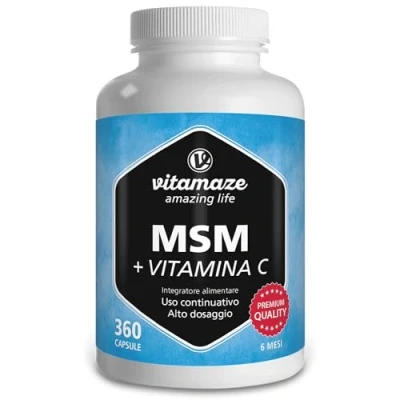 Immagine di Vitamaze® MSM Integratore Capelli e Ossa + Vitamina C, 360 Capsule di Metilsulfonilmetano per 6 Mesi (MSM Polvere Puro al 99,9%), Qualità Tedesca, senza Additivi non Necessari