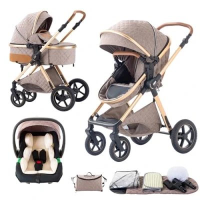 Immagine di BEBBY passeggino trio, combinazione 3 in 1 cittadino con portatile neonato pieghevole di lusso ad alta vista (khaki)