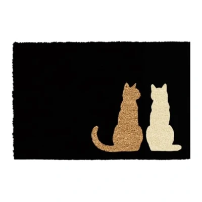 Immagine di CKB LTD Zerbino con stampa di due gatti seduti davanti e dietro, realizzato una fibra cocco antiscivolo, per interni ed esterni (nero/bianco pallido)
