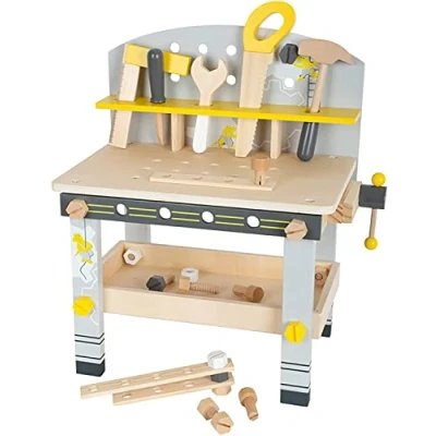 Immagine di small foot Banco da lavorocompatto Miniwob in legno, con numerosi accessori e set di viti, dai 3 anni, 11805