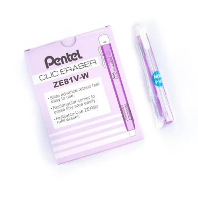 Immagine di Pentel Clic Eraser ZE81 Penna Gomma Rettangolare Ricaricabile Corpo Viola Trasparente Confezione da 12