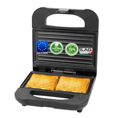 Immagine di Emerio Paninigrill Made in Europe Rivestimento antiaderente senza BPA e PFAS di ILAG (Xeradur 2) realizzato circa il 70% plastica riciclata, molto sostenibile, 700 W ST 130038