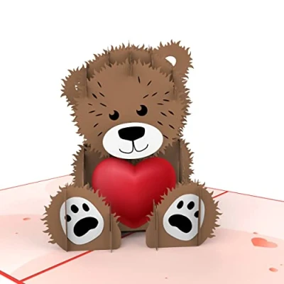 Immagine di MOKIO® Biglietto Auguri Pop Up Teddy con cuore regalo 3D per un compleanno o anniversario di matrimonio, Ti amo Bear, d&#039;amore busta
