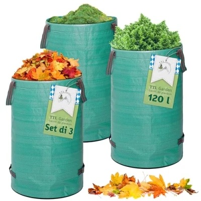 Immagine di TTL Garden, 3 sacchi da giardino 120 l, autoportanti, 4 manici, 150 g/mq, extra stabile, robusto e pieghevole, set pezzi, litri, sacco per foglie, siepe, rifiuti giardino, taglio verde