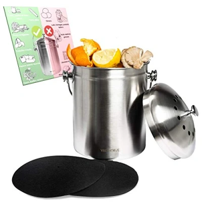 Immagine di VeoHome Cestino da Cucina con Filtro a Carbone Attivo (5 Litri) Acciaio Inossidabile Resistente alla Ruggine Secchio Compositivo
