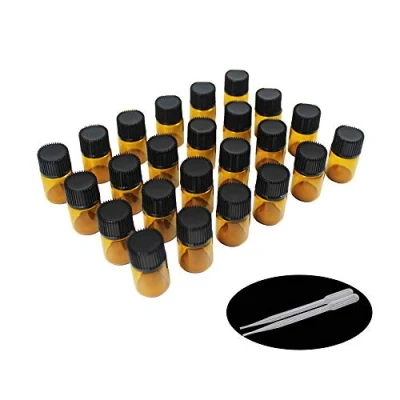 Immagine di Yizhao Essential Oil 2ml Amber Sample Glass Bottle, Samll Vials Empty for Diffuser,Massage,Beauty Mix,Lab bottle with [Orifice Reducers] 24 Pcs