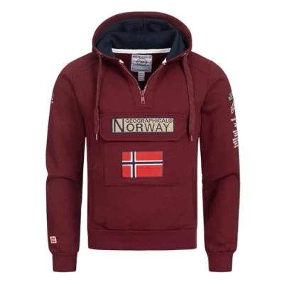 Immagine di Geographical Norway Felpa con cappuccio da uomo, mezza zip e marsupio, a maniche lunghe, produzione BANS per il tempo libero, informale, bordeaux, XL