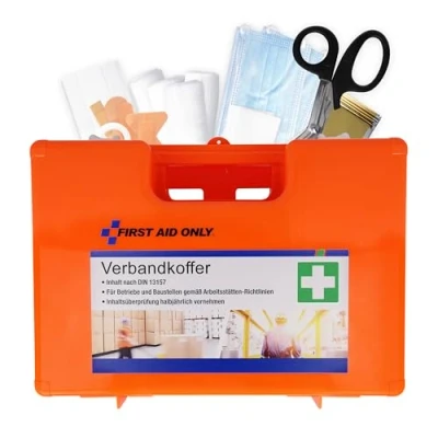 Immagine di First Aid Only Cassetta Pronto Soccorso Con Maniglia, Din 13157, Inclusi Vetri Divisori, Supporto Per Parete, Viti E Tasselli, Arancione 2130 Gr