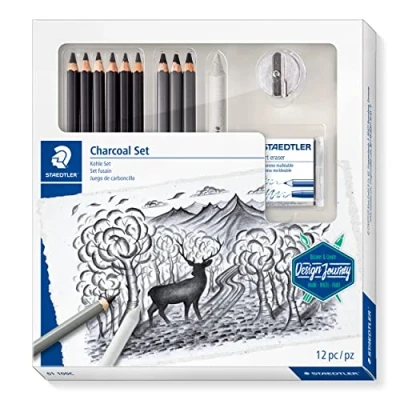 Immagine di STAEDTLER set di carbone, completo con 3 matite a carbone alta qualità, 6 per artisti, 1 ceppo miscelazione, gomma temperamatite e istruzioni step by step, 61 100 C