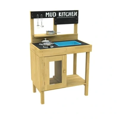 Immagine di TP Toys Junior Cook Cucina per fango, in legno certificato FSC, include un set iniziale di padelle e utensili acciaio inox, fori preforati telaio a fessura facile, perfetto giocare con la