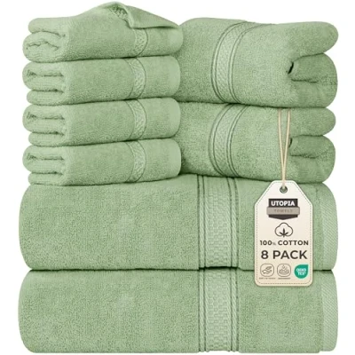 Immagine di Utopia, Set di 8 asciugamani composto da 2 teli bagno, ospiti e 4 lavette, in 100% cotone filato ad anelli 600 g/m², altamente assorbenti, per palestra, hotel spa (verde salvia)