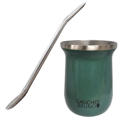 Immagine di Gaucho Bruno Acciaio inossidabile industriale Mate con Bombilla per bere Yerba Facile da pulire Comodo tenere Mantiene caldo più a lungo, verde increspato
