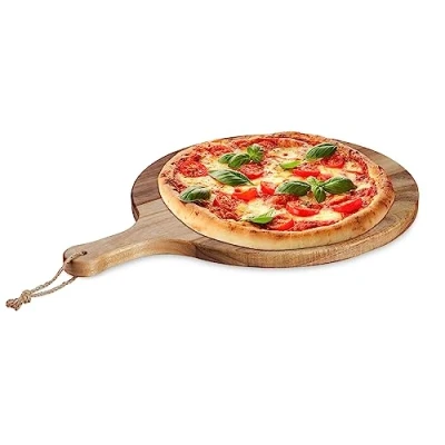 Immagine di Relaxdays Piatto per Pizza con Manico, Ø 35,5 cm, Tagliere Rotondo in Legno di Acacia Formaggi e Aperitivo, Marrone, 100%