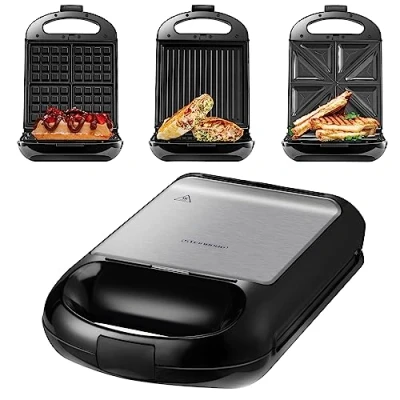 Immagine di Steinborg sandwich maker 3 in 1 XXL, piastre intercambiabili, 1200 Watt, Griglia a contatto, 4 Multigrill Waffel Eisenl elettrica Piastra per waffle
