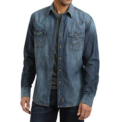 Immagine di Wrangler Camicia a Maniche Lunghe Due Tasche retrò Grande e Alto, Blu Denim, L Altamente Uomo