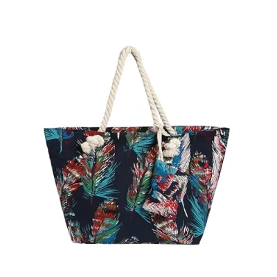 Immagine di DonDon Grande Borsa da spiaggia idrorepellente con cerniera a tracolla Shopper piume colorate
