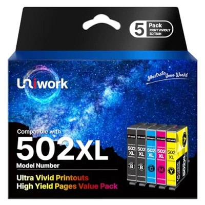 Immagine di Uniwork 502XL 5 Pack Compatibili per Epson 502 XL Cartucce Workforce WF 2860 2865 2860DWF 2880 Expression Home XP 5100 5105 (2 Nero, 1 Ciano, Magenta, Giallo)