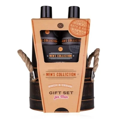 Immagine di Accentra Set regalo MEN&#039;S COLLECTION in secchio di latta, con 300 ml, shampoo da sapone 100 g, spugna 15 fragranza: betulla e cedro marrone