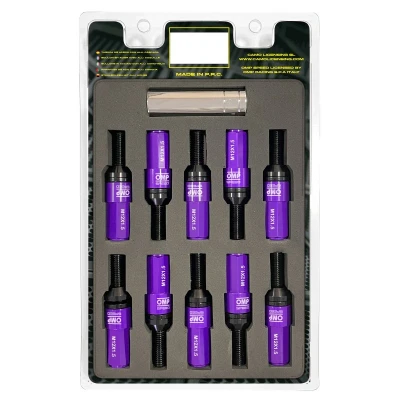 Immagine di Omp Speed Set di viti Performance con protezione in alluminio M12X1.5 Hex 17 19, L 28 mm, colore viola 7075+DIN 12.9, 20+1 per scatola
