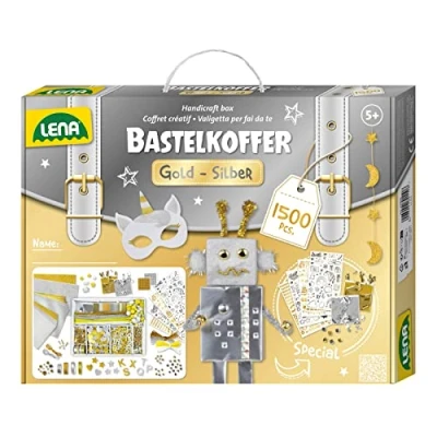 Immagine di LENA Cofanetto fai da te Premium XXL argento con 1500 pezzi, schiuma scintillante, carta metallizzata, perline, pietre preziose, foglia d&#039;oro, pompon e Plus, 5 anni, 42666