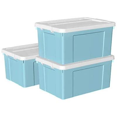 Immagine di Cetomo Scatola portaoggetti in plastica 65L* 3, contenitore per l&#039;organizzazione con coperchio durevole e fibbie di chiusura sicure, impilabile annidabile, confezione da blu fibbia