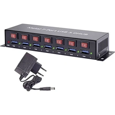 Immagine di Hub USB 3.0 Renkforce RF 3269622 7 Porte Contenitore in metallo, Commutabile singolarmente, Per montaggio a parete Nero
