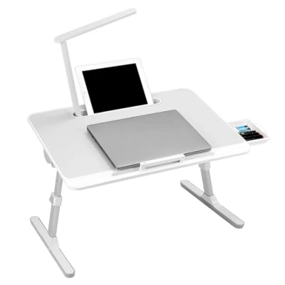 Immagine di QWORK® Tavolo per laptop, angolo regolabile in altezza, tavolino pieghevole con cassetto e lampada a LED, 60 x 40 cm