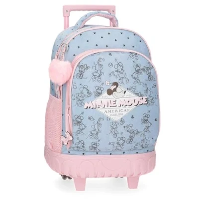 Immagine di Disney Joumma Bags Minnie American Darling Zaino per bambini, blu e rosa, realizzato in poliestere, spallacci regolabili un comodo trasporto, vari scomparti, con portachiavi pompon blu,