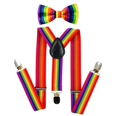 Immagine di TRIXES Set di due papillon e Bretelle arcobaleno LGBTQIA2s+ elastiche regolabili con clip a forma Y Accessori per eventi Pride travestimenti da festa