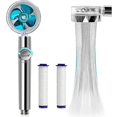Immagine di soffione doccia a risparmio idrico ad alta pressione, girevole 360 gradi, con filtro, turbo spa ventilatore e interruttore (blu)