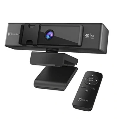 Immagine di j5create Webcam 4K Ultra HD con zoom digitale 5X, copertura per la privacy, doppio microfono ad alta fedeltà, telecomando, USB C videoconferenze, lezioni online, streaming in diretta (JVCU435)