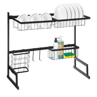 Immagine di Avilia Scolapiatti Organizer per Lavello da appoggio con portautensili e portabicchieri, Ideale Bicchieri Piatti Tazze 5 Scomparti Nero a 2 Livelli, in Metallo 51,5x30x58
