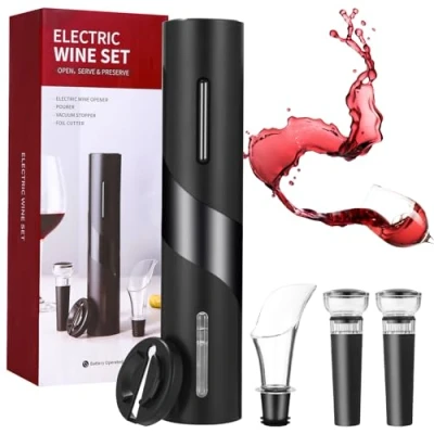 Immagine di FAOKZE Cavatappi elettrico, apribottiglie automatico, set di per vino con tagliacapsule, versatore e tappo sottovuoto, funzionamento a batteria