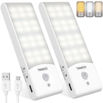 Immagine di Luce Notturna, [2 pezzi] Armadio LED con Sensore di Movimento, 24 LED, 3 Modalità e Dimmerazione, Notturna Magnetica Ricaricabile USB per Armadi, Scale, Camere da Letto,Soggiorno, Corridoio