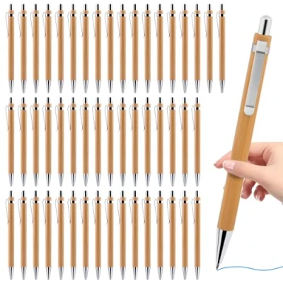 Immagine di Penne a Sfera in Legno: 50 Pezzi Classico Penna Bambù, Set di Legno per Scuola, Casa e Ufficio