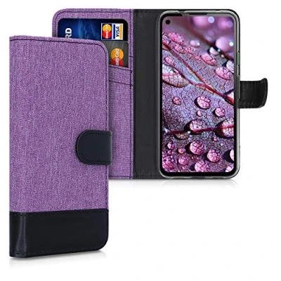 Immagine di kwmobile Custodia Compatibile con Google Pixel 4a Cover Portafoglio Case Chiusura Magnetica Portacarte Tessuto Similpelle Viola/Nero