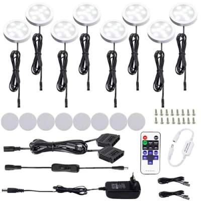 Immagine di AIBOO LED Luce Sottopensile Cucina Dimmerabile con Telecomando RF Wireless, Illuminazione A da Incasso per Armadio, EUR Spina, 8 Luci Display, 12V 16W Under Vetrine(Bianca Freddo 6000K)