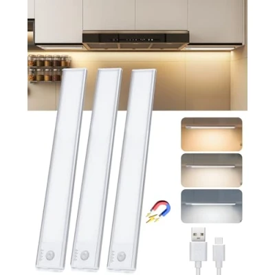 Immagine di Aigostar Luce Armadio con Sensore di Movimento LED Cucina 30.4cm， Sottopensile 3 Pezzi， 2200mAh， Ricaricabile USB C， Luminosità/Colore Regolabile