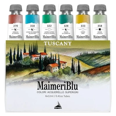Immagine di Maimeri BLU, Acquerelli di Belle Arti, Set Toscana, Scatola cartone, Colori assortiti, 6 pezzi da 12 ml, Multicolore, ml