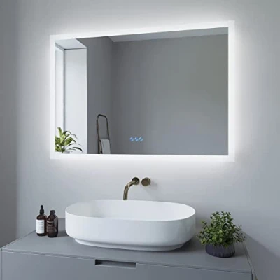 Immagine di AQUABATOS Specchio da bagno con illuminazione, 100 x 70 cm, a risparmio energetico, interruttore touch, dimmerabile, bianco freddo 6400 K, caldo 3000 riscaldamento specchio, IP44, CE