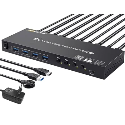 Immagine di Switch KVM USB 3.0 HDMI 4 PC 1 Monitor, 4K@60Hz EDID Simulato Porte Commutatore KVM, Condividi Sispositivi Tastiera Mouse Senza Fili Stampante, con 5 Cavi e Telecomando Cablato