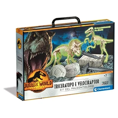 Immagine di Clementoni Jurassic World 3 Dominion Triceratopo E Velociraptor Dinosauri, Kit Fossili da Scavare Assemblare, Gioco Scientifico 7 Anni (Versione in Italiano) Made Italy, Multicolore, 19307